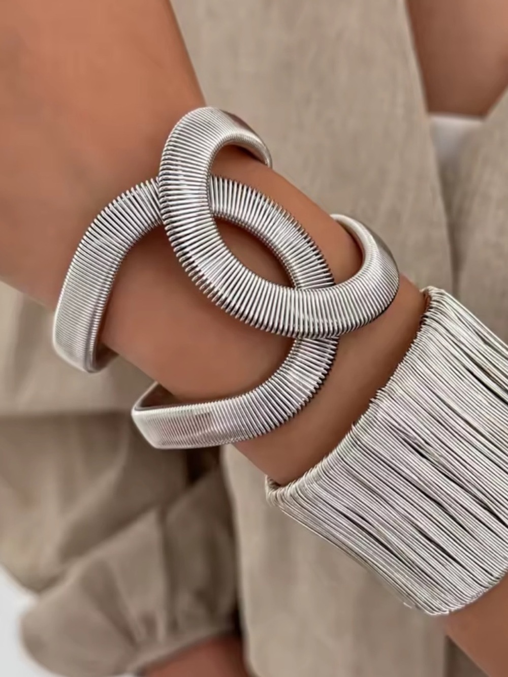 Silver Textured Loop Statement Bracelet